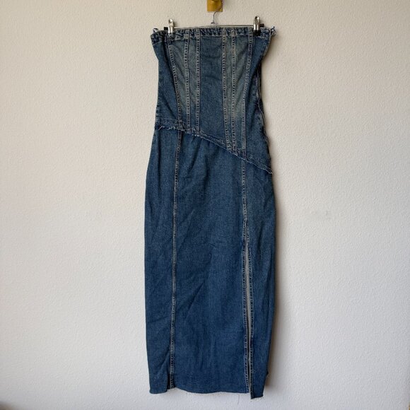 Zara Strapless Asymmetric Denim Midi Dress Size S - Picture 2 of 4